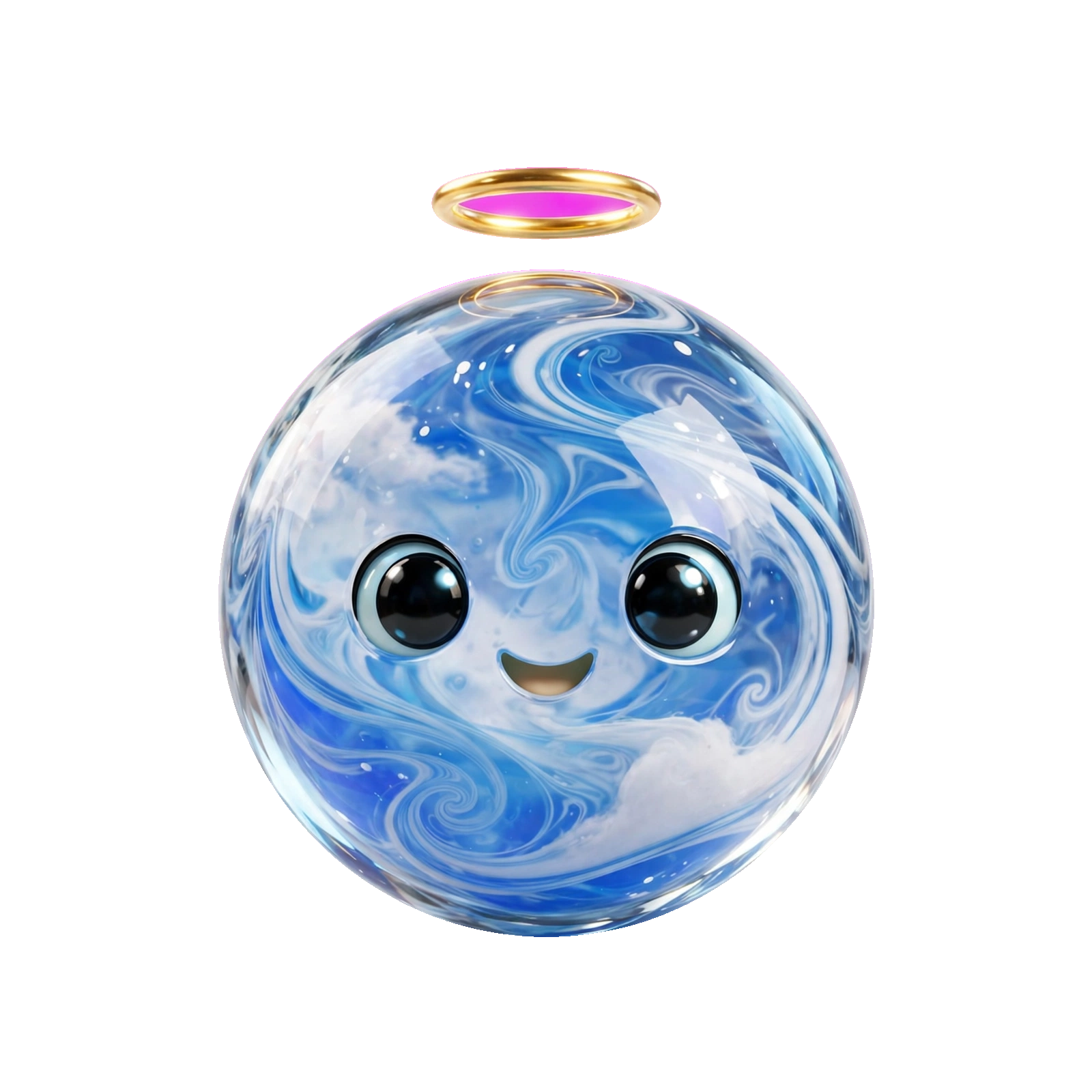 Mascote Bolinha de Gude: uma bolinha de gude azul com auréola dourada e sorriso